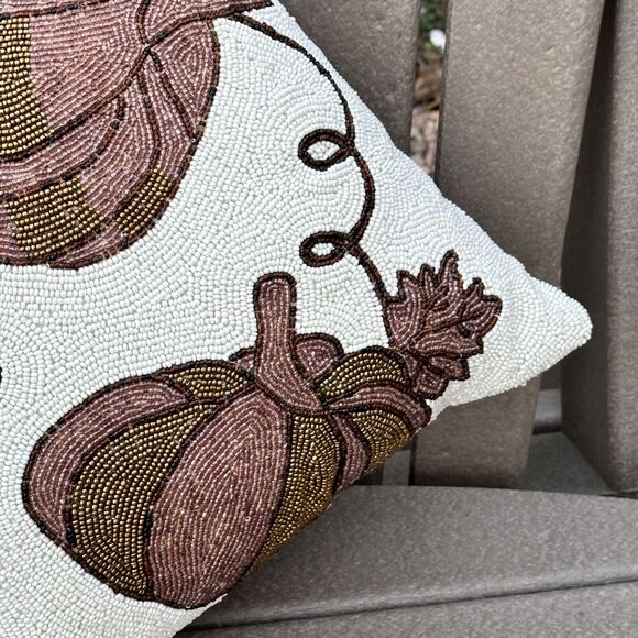 Pumpkin Patch Beaded Gold Pumpkin Throw Pillow Fall Thanksgiving Decor 12" x 12" - Picture 4 of 9